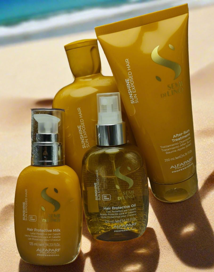 منتجات الحماية قبل وبعد السباحة (Leave-in Milk + زيت الحماية + After-Sun Treatment + شامبو After-Sun)